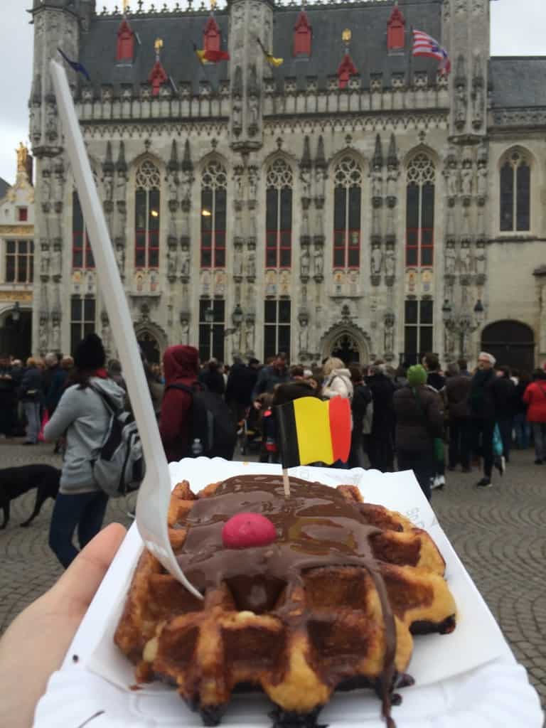 The Wandering Quinn Travel Blog 3 days in Belgium, Waffle in Bruges by City Hall