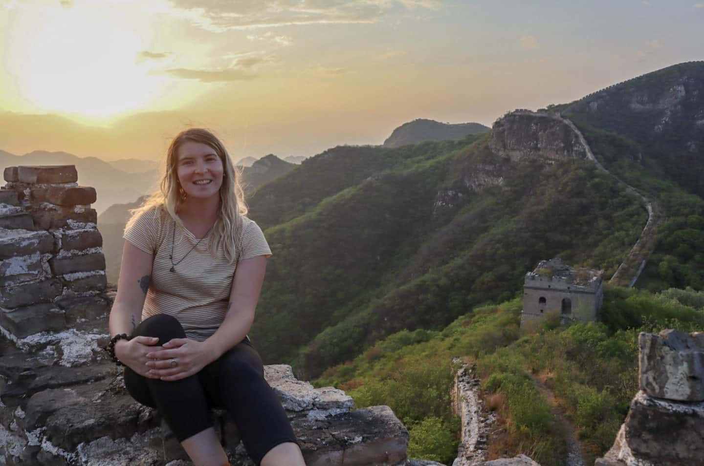 camping on Great Wall of China, sunset