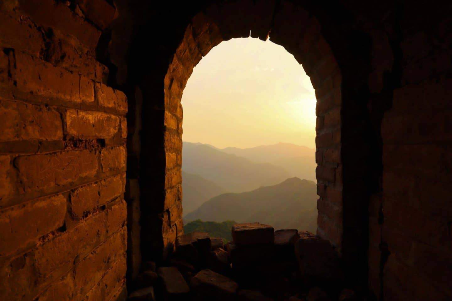 camping on Great Wall of China, sunset