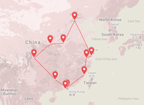 backpacking China, The Dragon Trip 25 Day China Loop Map