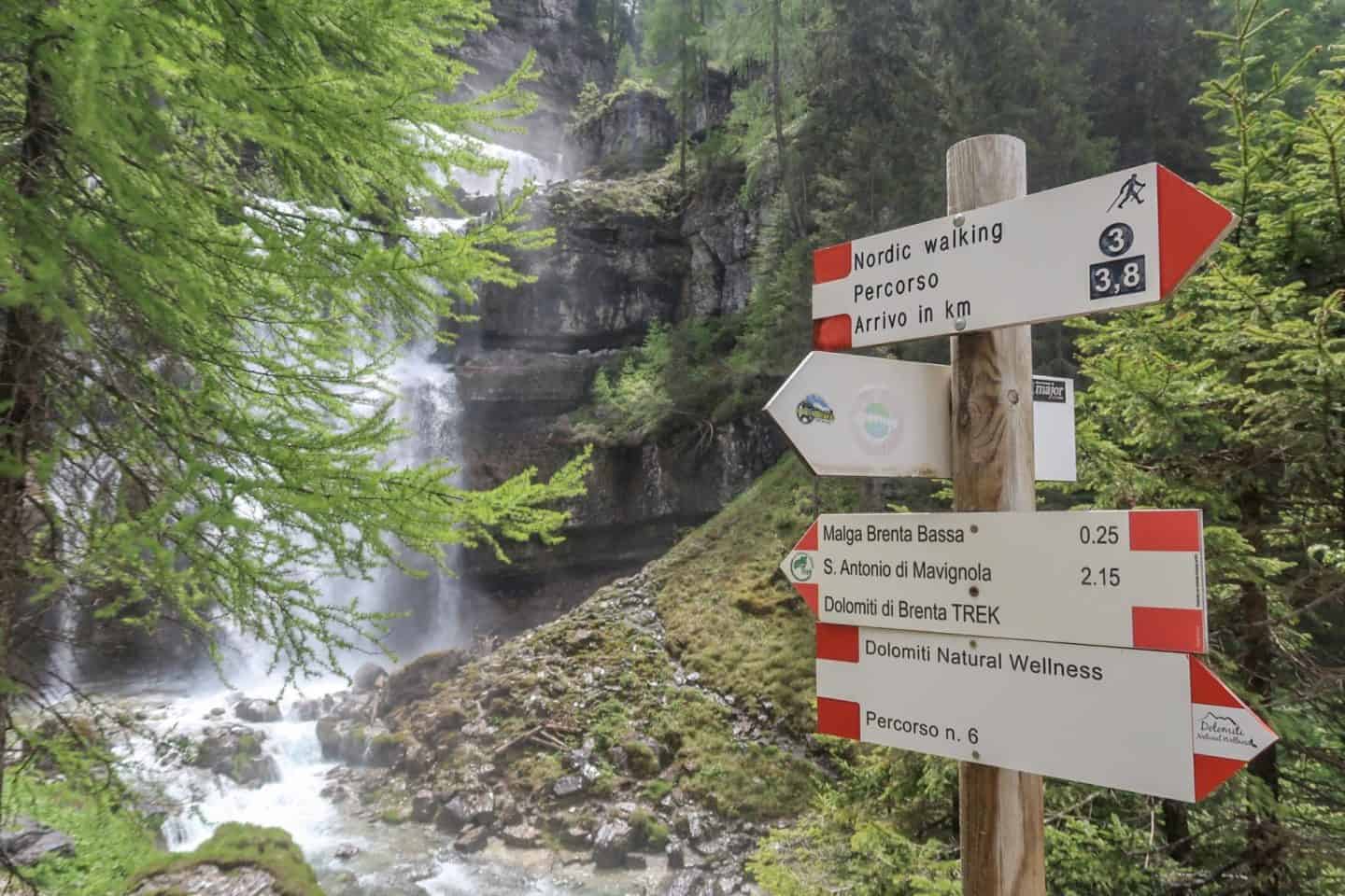 San Vili Pathway Trek Signs and Waterfall