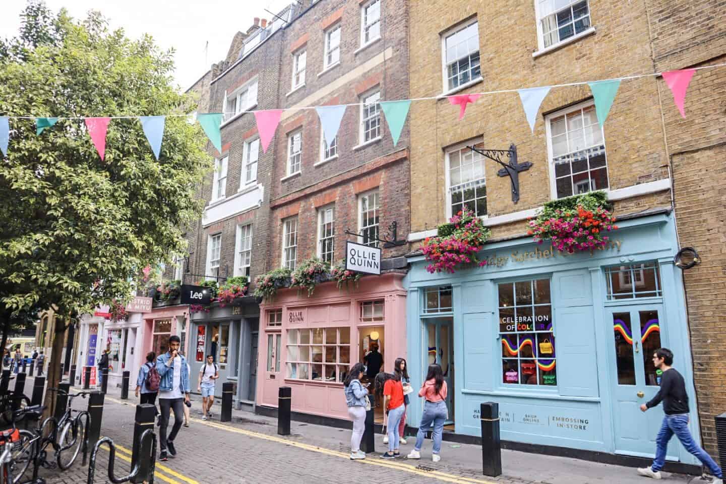 Covent Garden colourful shops and Bunting | covent garden london guide