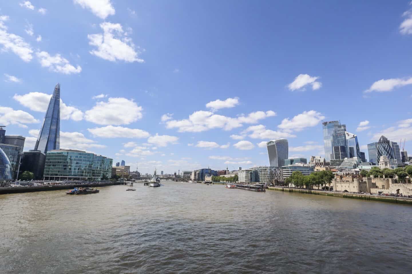 View of River Thames, Shard and City from Tower Bridge | London River Thames Walk