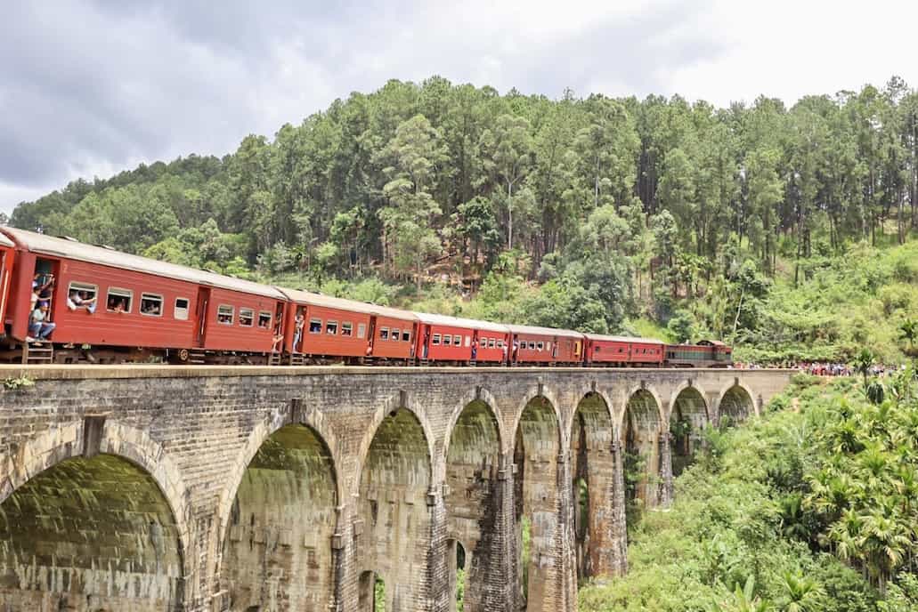 places to visit in Sri Lanka on first trip, red train on Ella nine arch bridge