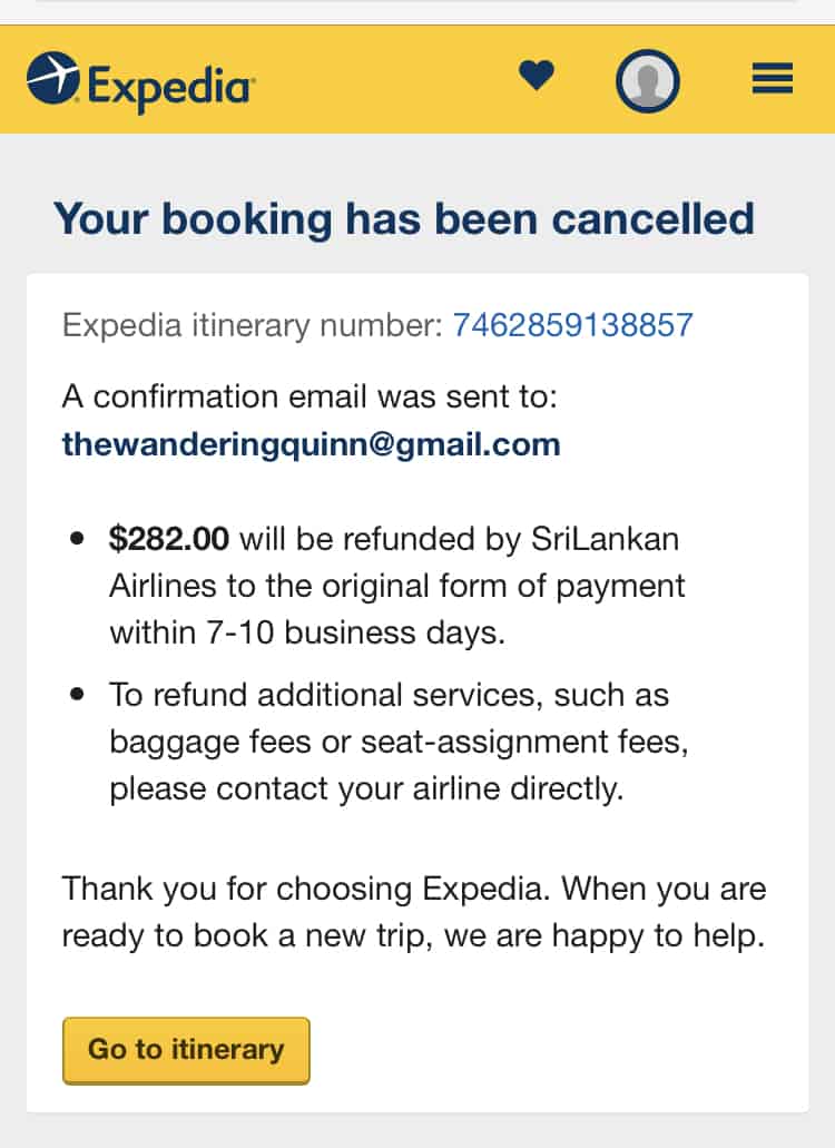 proof of onward travel, Expedia.com flight cancellation
