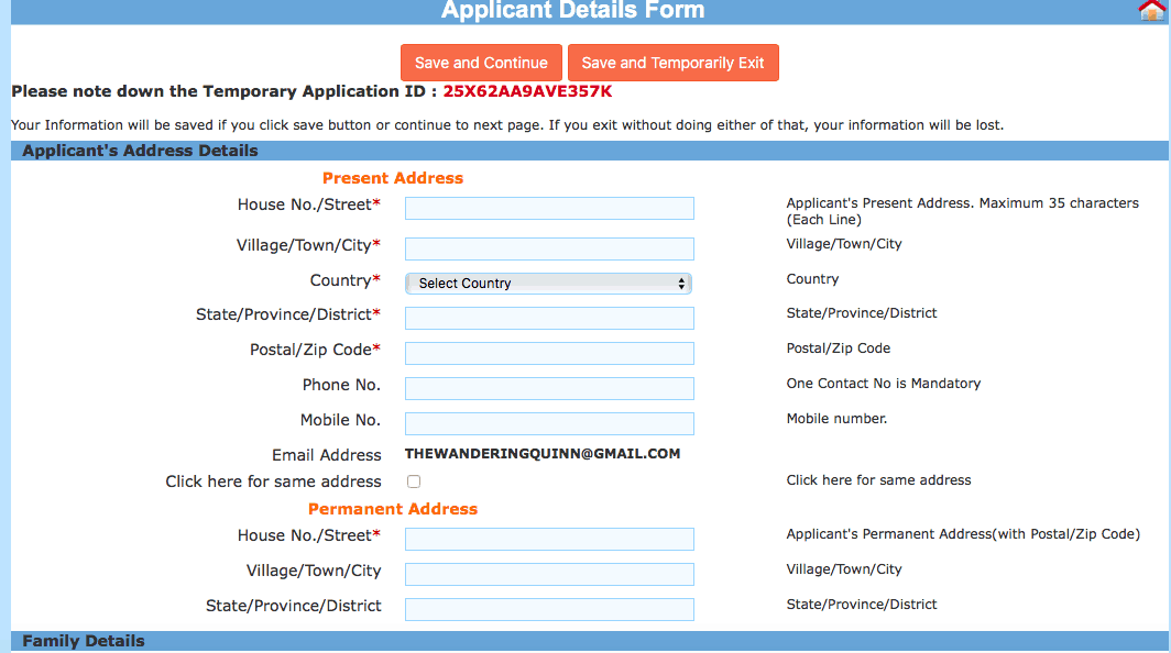 tourist visa for India, Indian visa online application screen