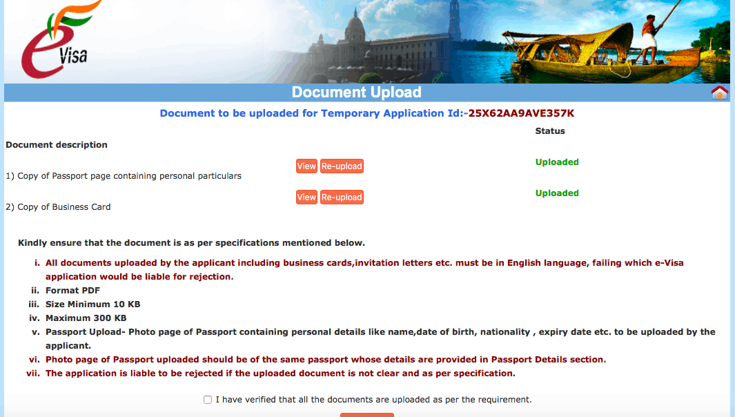 tourist visa for india, Indian visa online application document upload screen