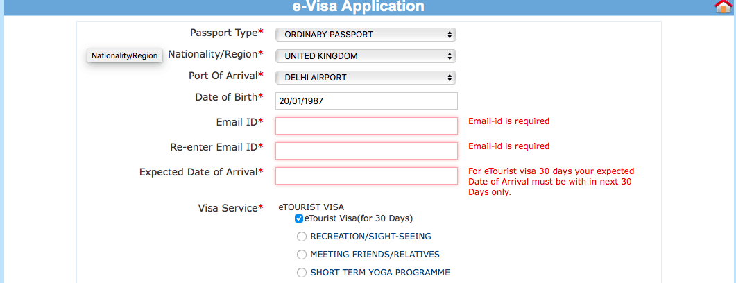 tourist visa for India application