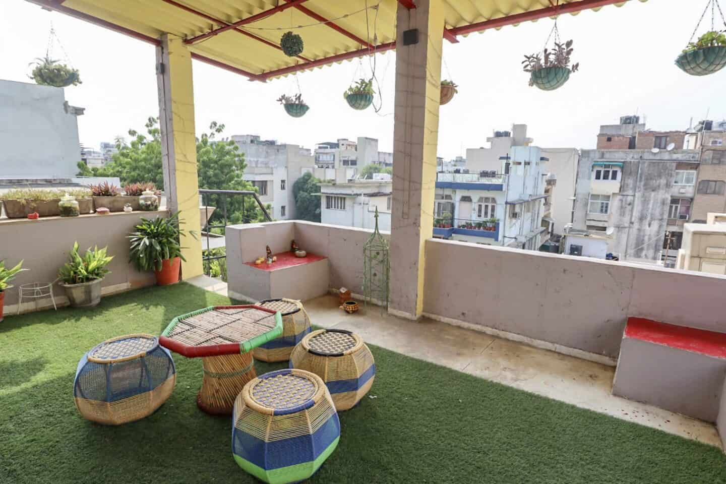 Delhi travel tips, rooftop with seating at Prakash Kutir B&B Delhi