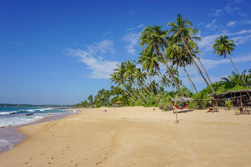 places to visit in Sri Lanka on first trip, white sand beach with blue sky and palm trees