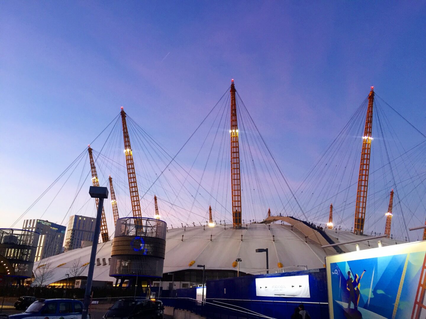 London in Winter, o2 with pink sunset