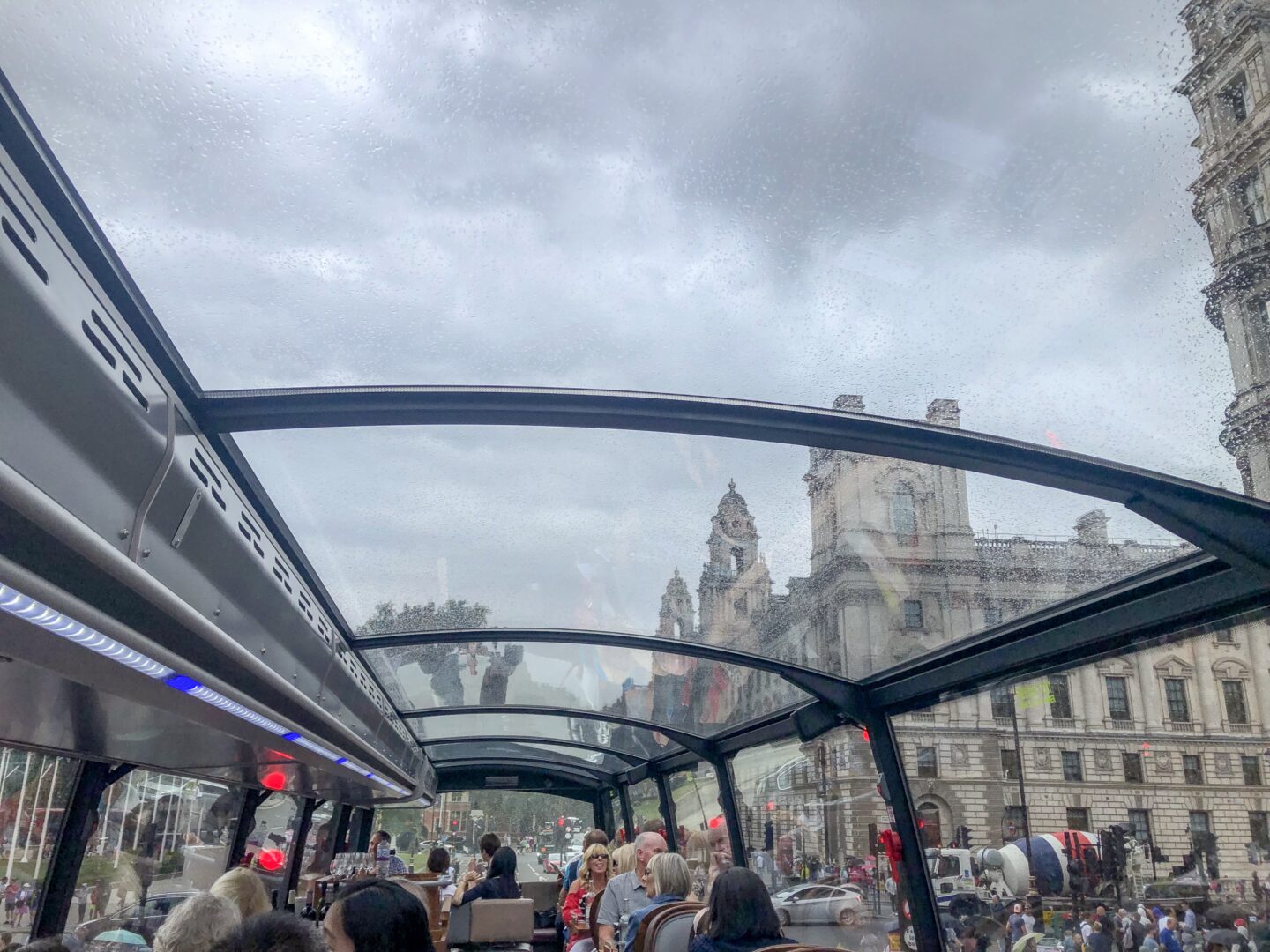 London in Winter, Afternoon tea on double decker bus with clouds