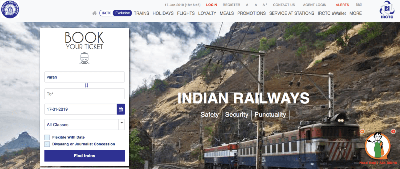 IRCTC homepage for people searching how to book trains in India