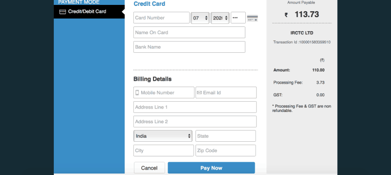 IRCTC payment page for booking railway ticket