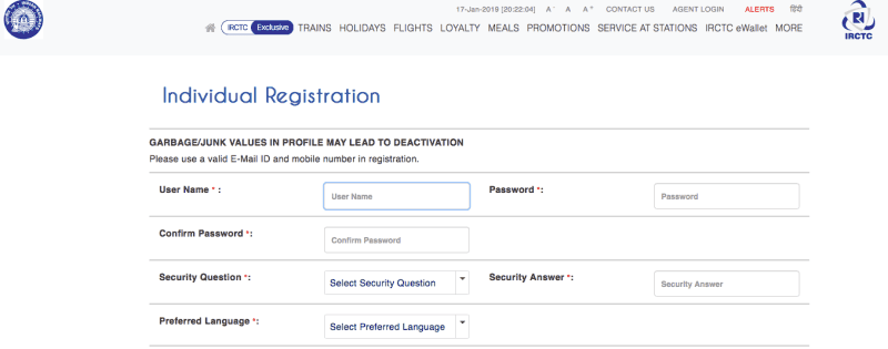 IRCTC Registration page