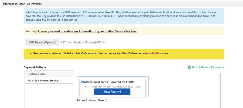 IRCTC registration payment page