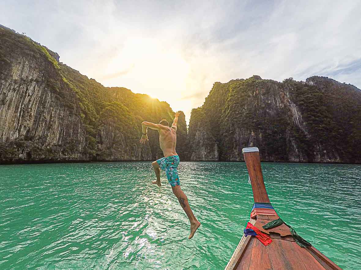 koh phi phi boat and limestone | best places to travel in Asia December and January