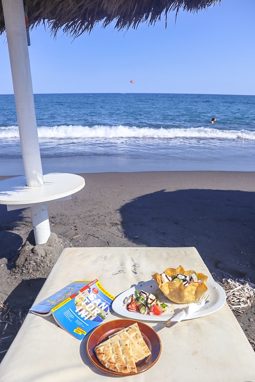 Santorini on a budget, Greek Salad on Beach in Santorini