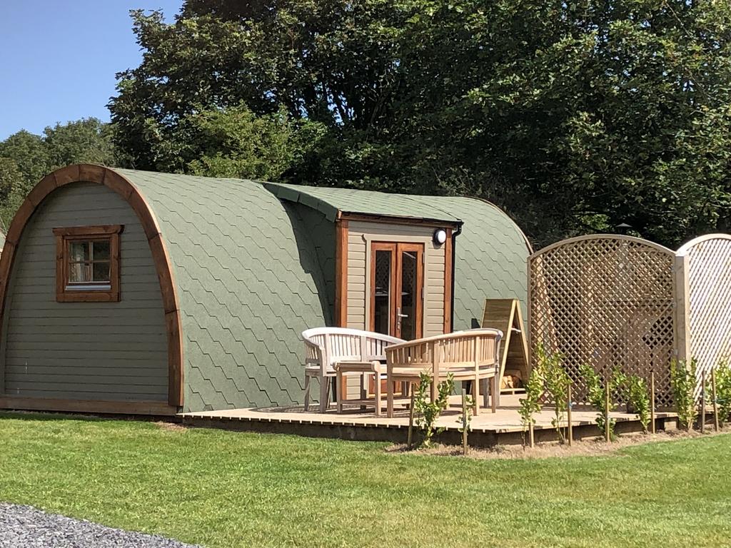 Brynteg Glamping Pod outside, glamping pod with hot tub wales