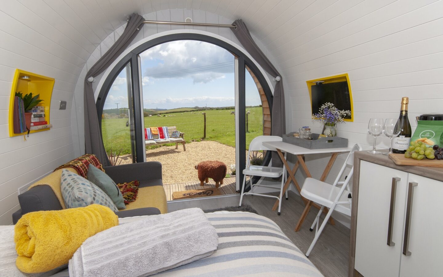 Glamping in Wales with hot tub, Hafan Fach Glamping Pod inside