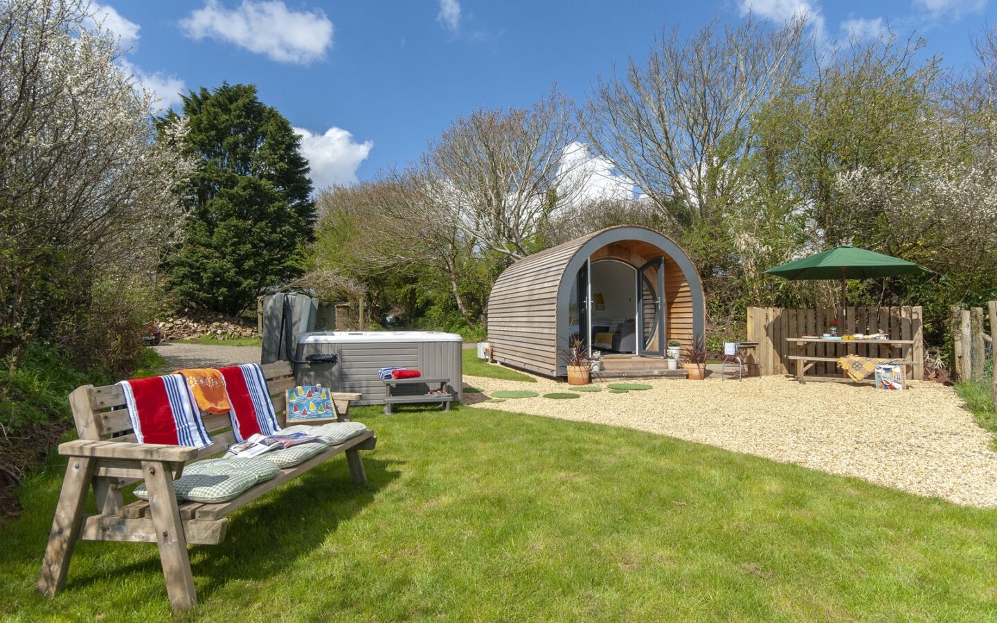 Glamping in Wales with hot tub, Hafan Fach Glamping Pod outside