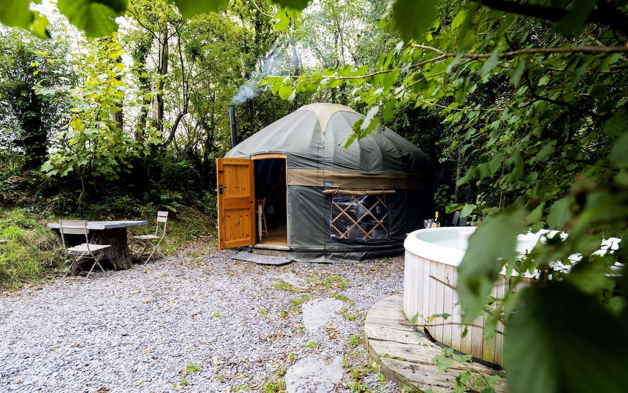 Glamping in Wales with hot tub, The Yurt Hideaway outside
