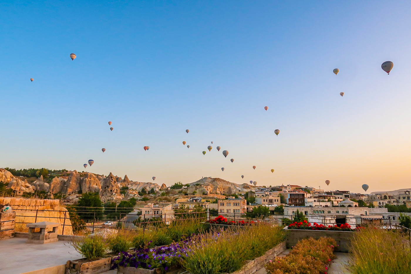 best time to visit Cappadocia, sunrise blue sky and hot air balloons