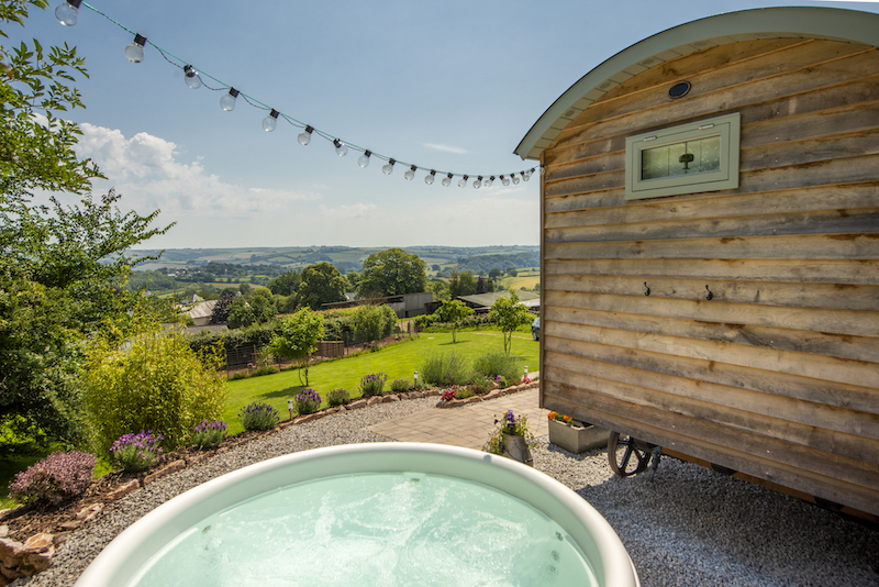 glamping in Devon, shepherds hut with hot tub South Devon
