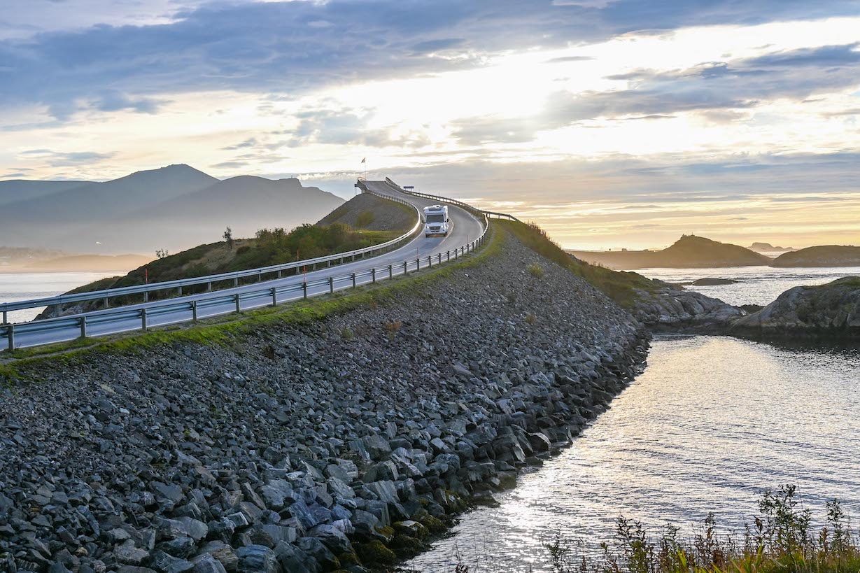 Norway road trip, sunset at Atlantic Ocean Road