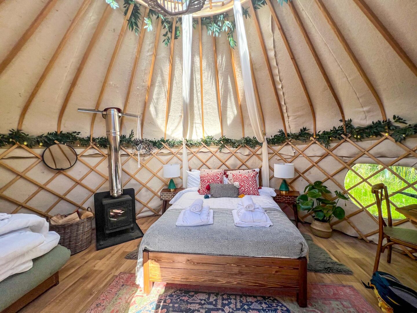 The Wandering Quinn Travel Blog Glamping in Yorkshire, double bed inside Yurt at Yurtshire