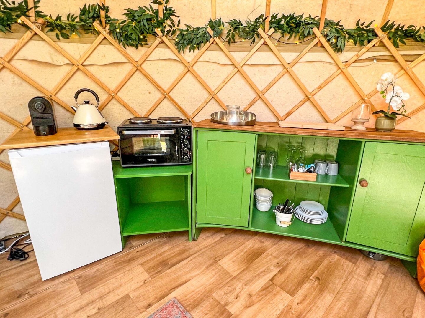 The Wandering Quinn Travel Blog Glamping in Yorkshire, kitchen inside Yurt at Yurtshire