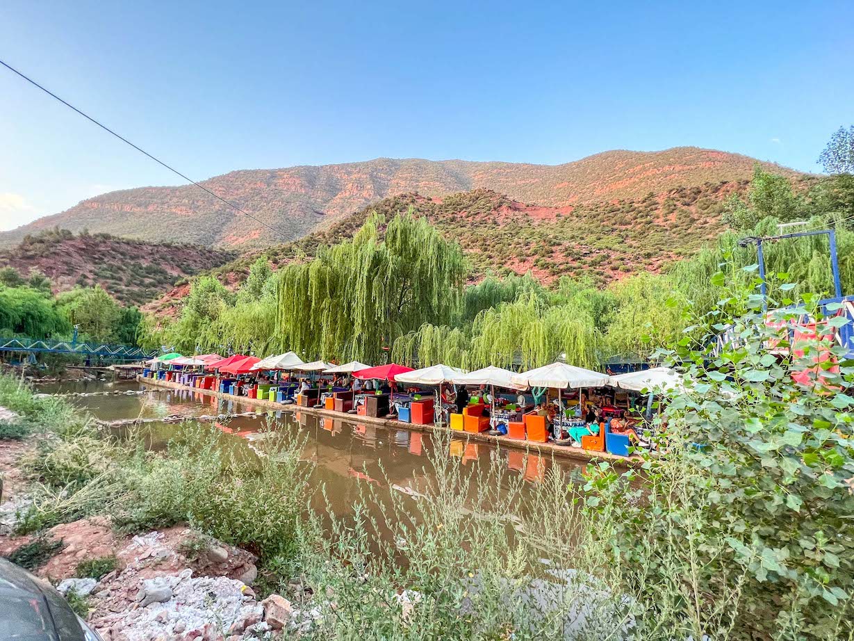 Marrakesh in August, Ourika Valley river and cafes