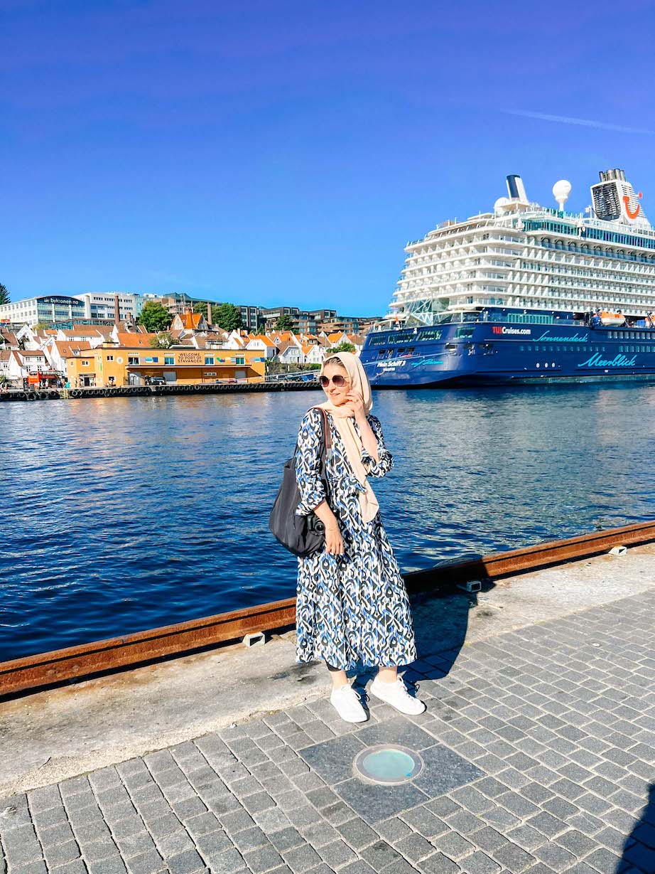things to do in Stavanger, Ellie Quinn in blue dress in Stavanger by cruise ship