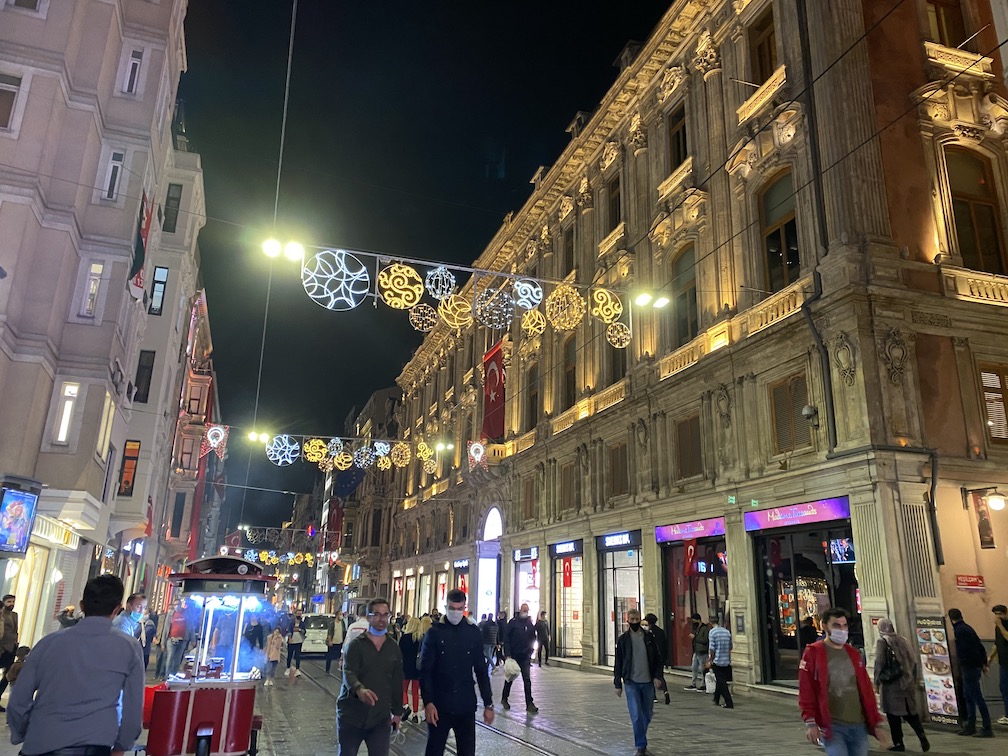 Istiklal Street at night with lights, things to do in Istanbul