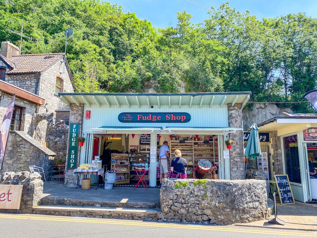 The Wandering Quinn Travel Blog Things to do in Cheddar Gorge, Fudge Shop Entrance in Cheddar