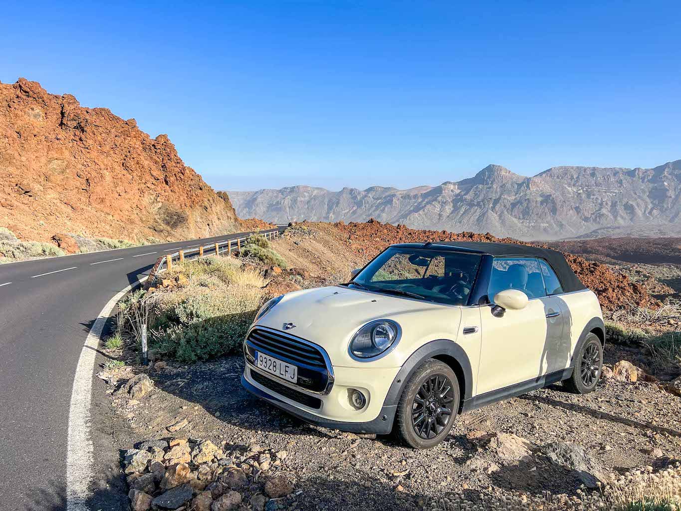 Tenerife road trip, cream mini hire car in national park