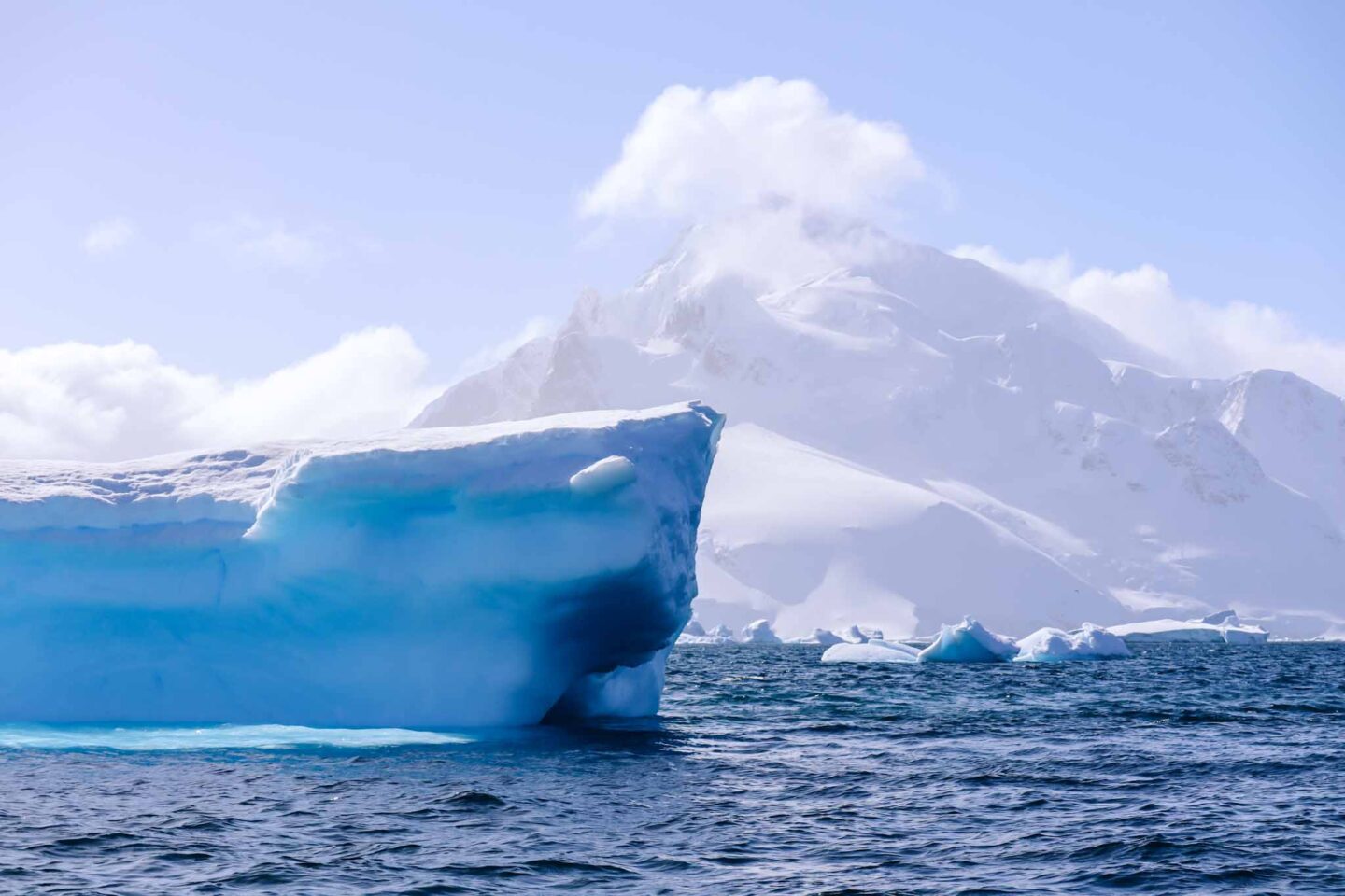 Antarctica in November, Best time to visit Antarctica, ice bergs on sea and blue sky