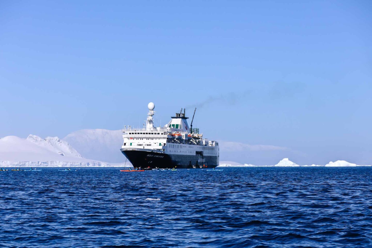 The Ocean Endeavour ship with blue sky in Antarctica, Can you visit Antarctica, 