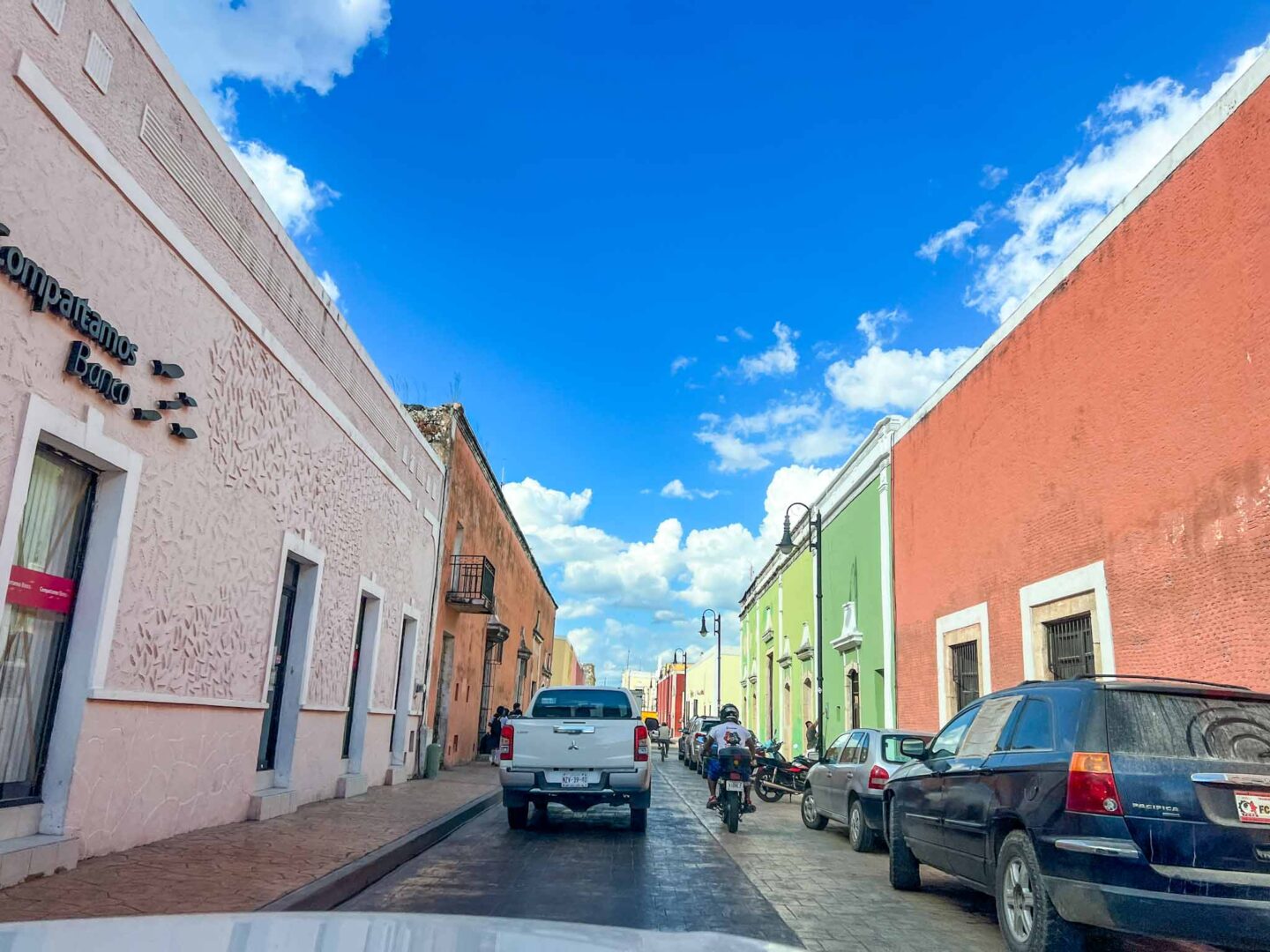 Driving into Valladolid with colourful buildings, Yucatan Road Trip, 1 week Mexico itinerary,