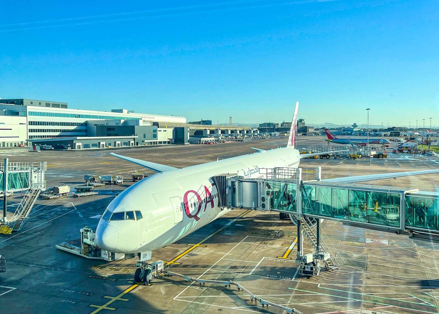 Qatar Airways Plane in Manchester Airport, Qatar Stopover, one day in Doha,