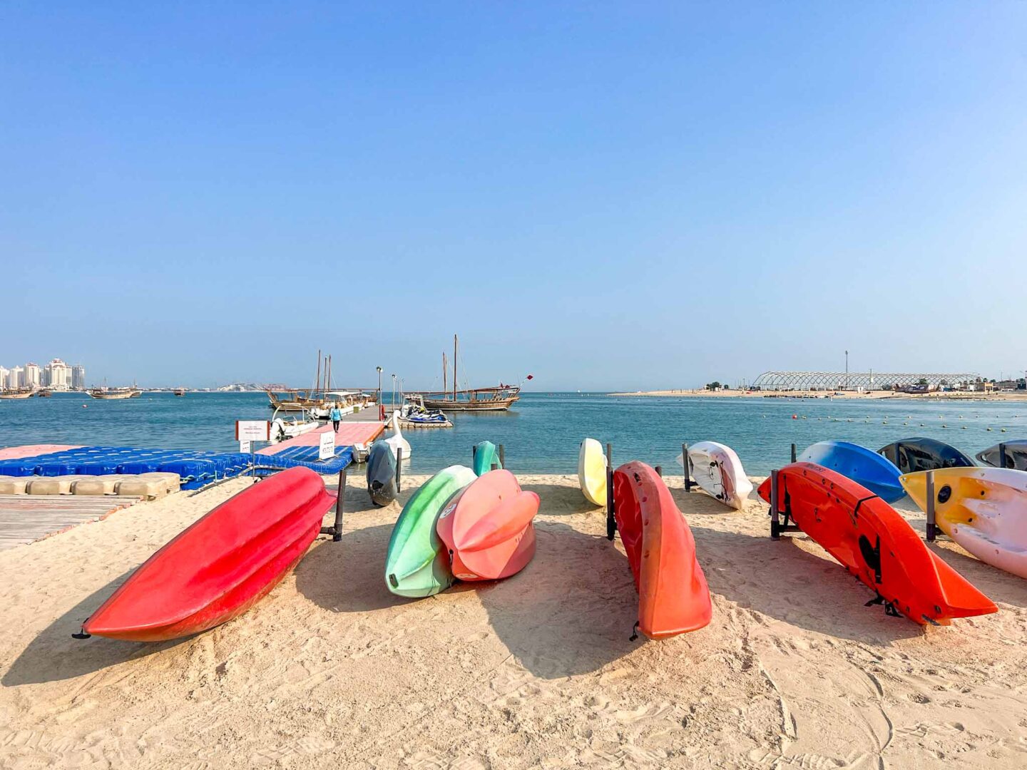 Katara beach with canoes, Doha itinerary, Qatar itinerary