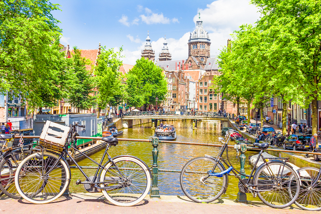 travelling to Amsterdam from UK without flying, bikes and canal in Amsterdam
