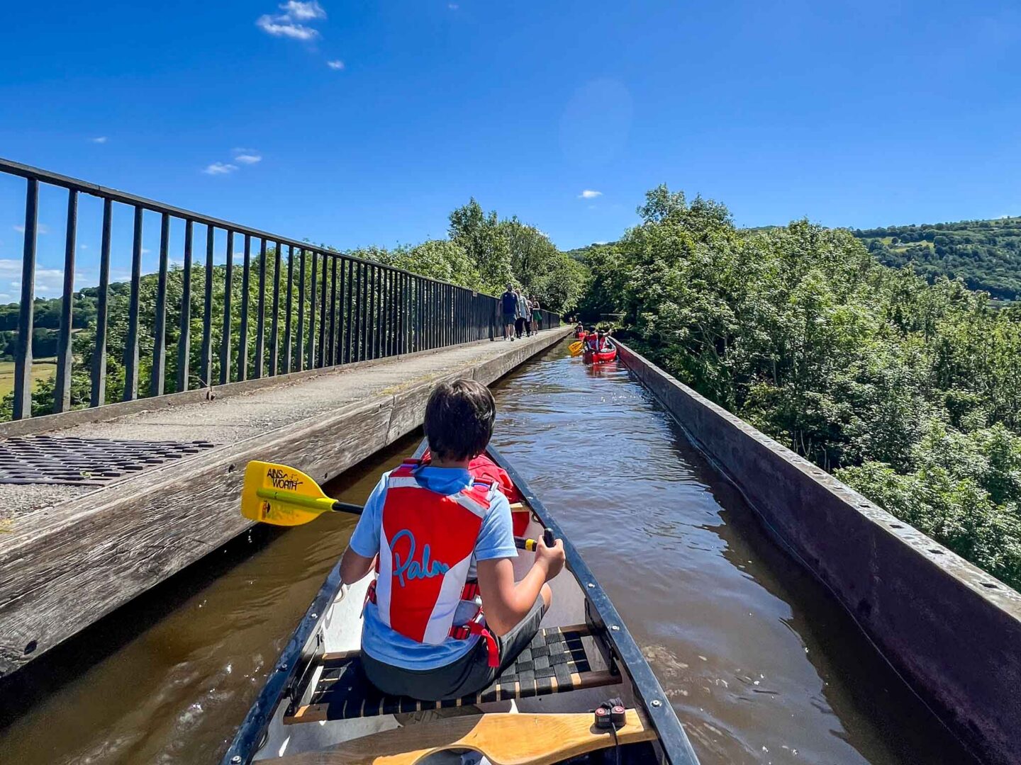 boy kayaking along Pontcysyllte Aqueduct