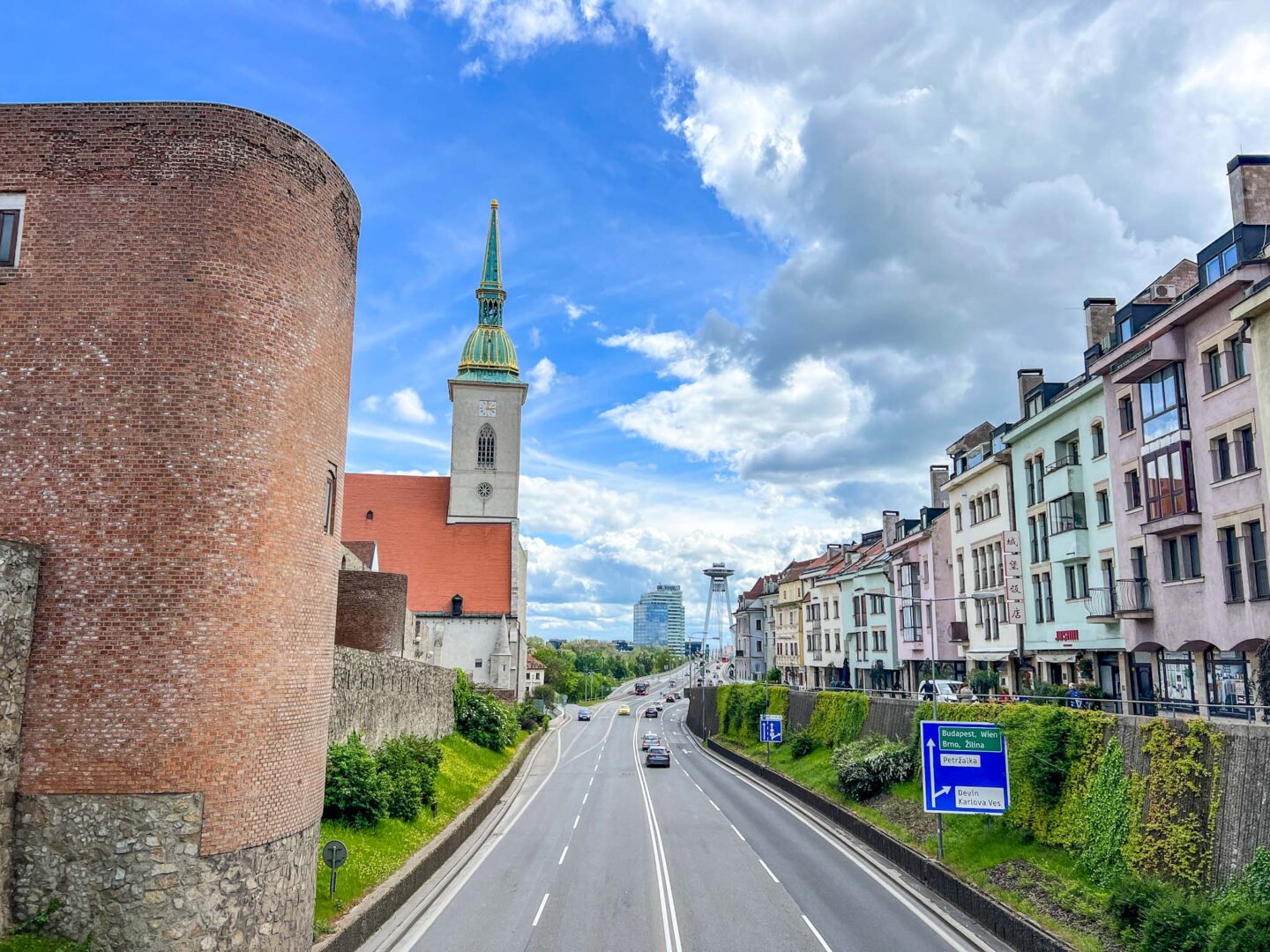 one day in Bratislava, road with St Martins Cathedral in view