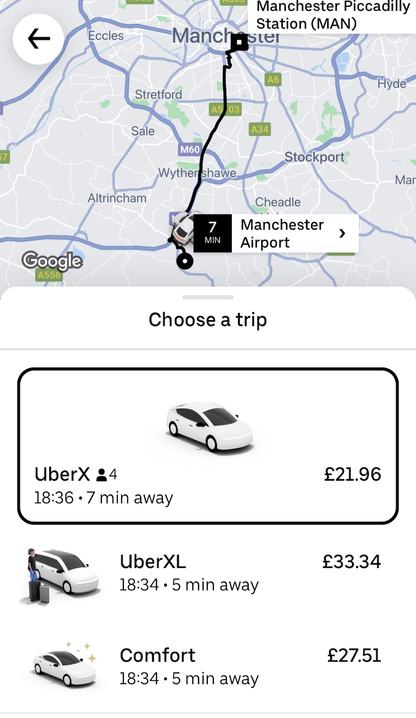 Manchester Airport to Manchester Piccadilly, Uber price from Manchester Airport to Manchester Piccadilly,