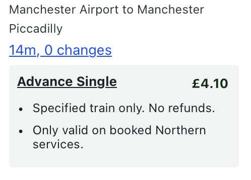 Manchester Airport to Manchester Piccadilly, train ticket price from Manchester Airport to Manchester Piccadilly, 