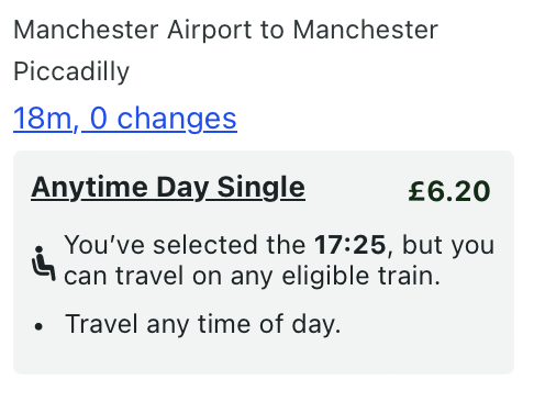 Manchester Airport to Manchester Piccadilly, train ticket price from Manchester Airport to Manchester Piccadilly, 