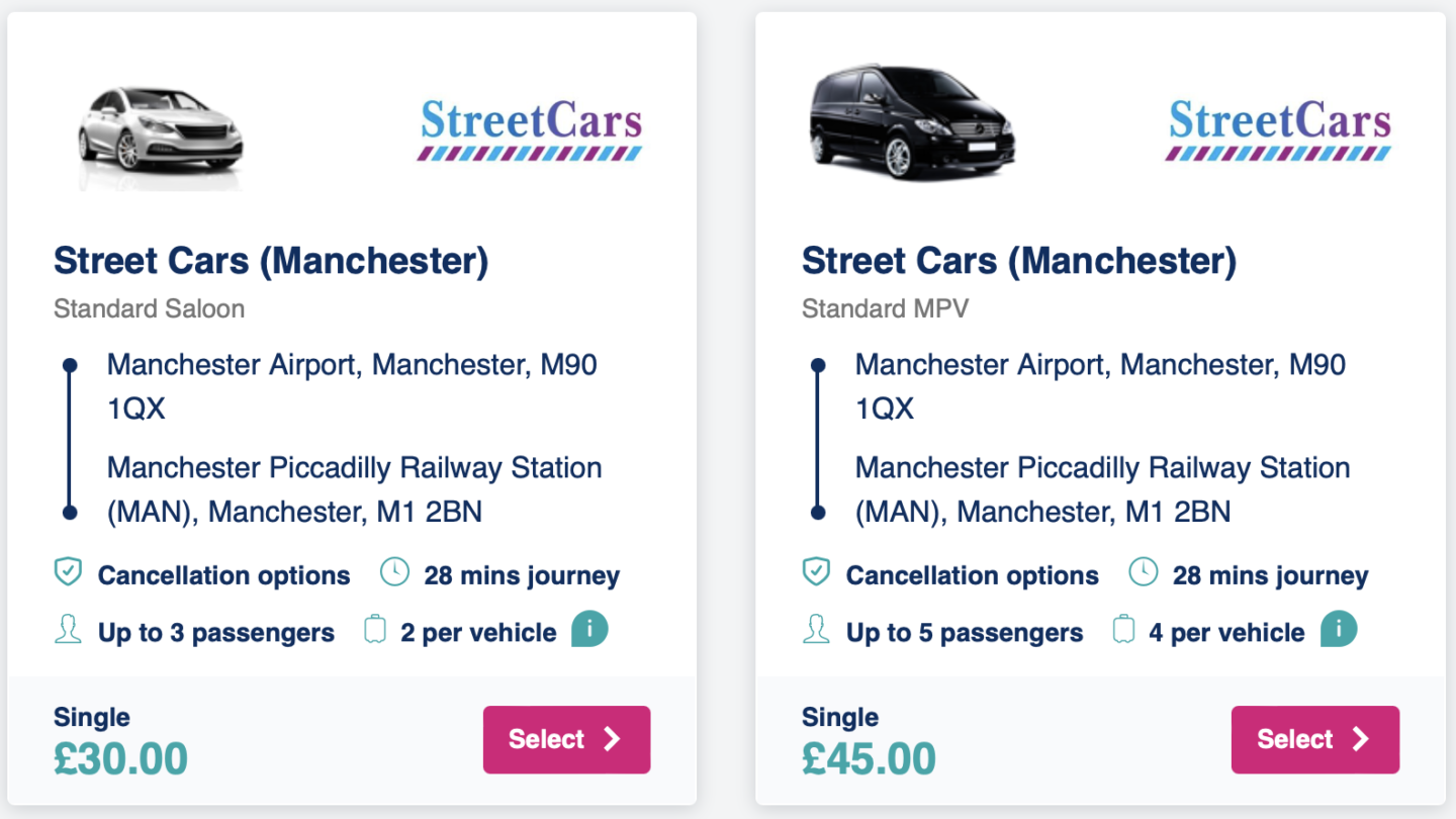 Manchester Airport to Manchester Piccadilly, Street Cars quote from Manchester Airport to Manchester Piccadilly, 