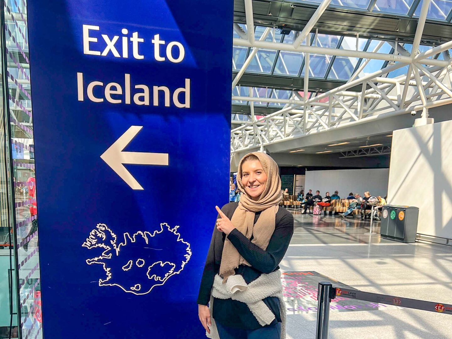 Iceland in May and June, Ellie at the exit to iceland sign