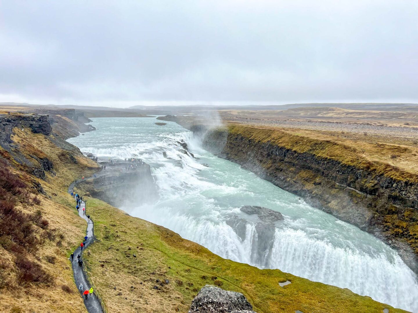 Iceland in May and June, grey sky at Gullfoss Waterfall